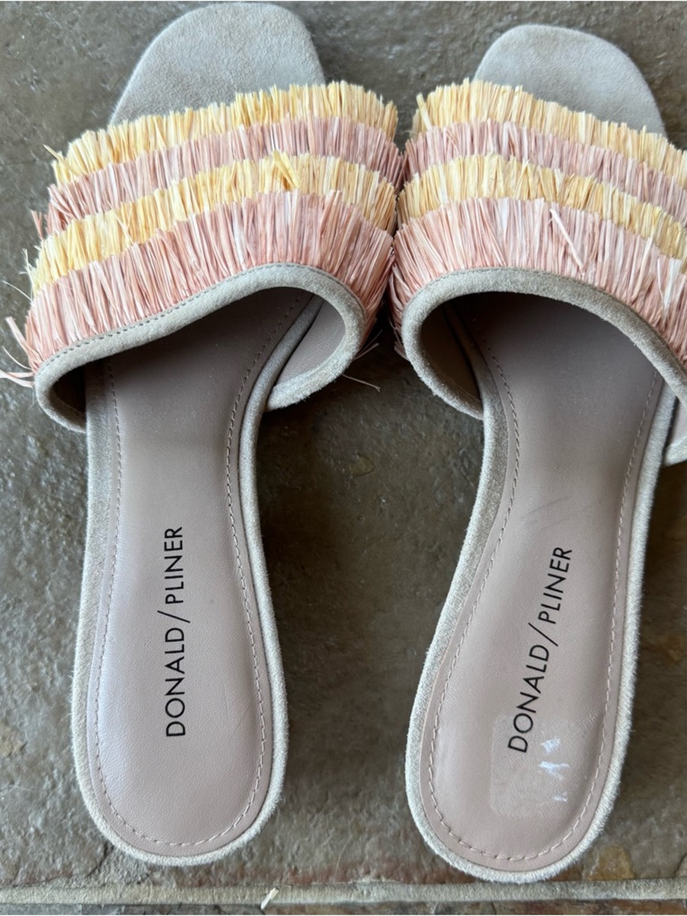 Donald J. Pliner Beige Reise Slide Mules with Pink and Yellow Raffia Fringe sz 8 - Picture 2 of 7